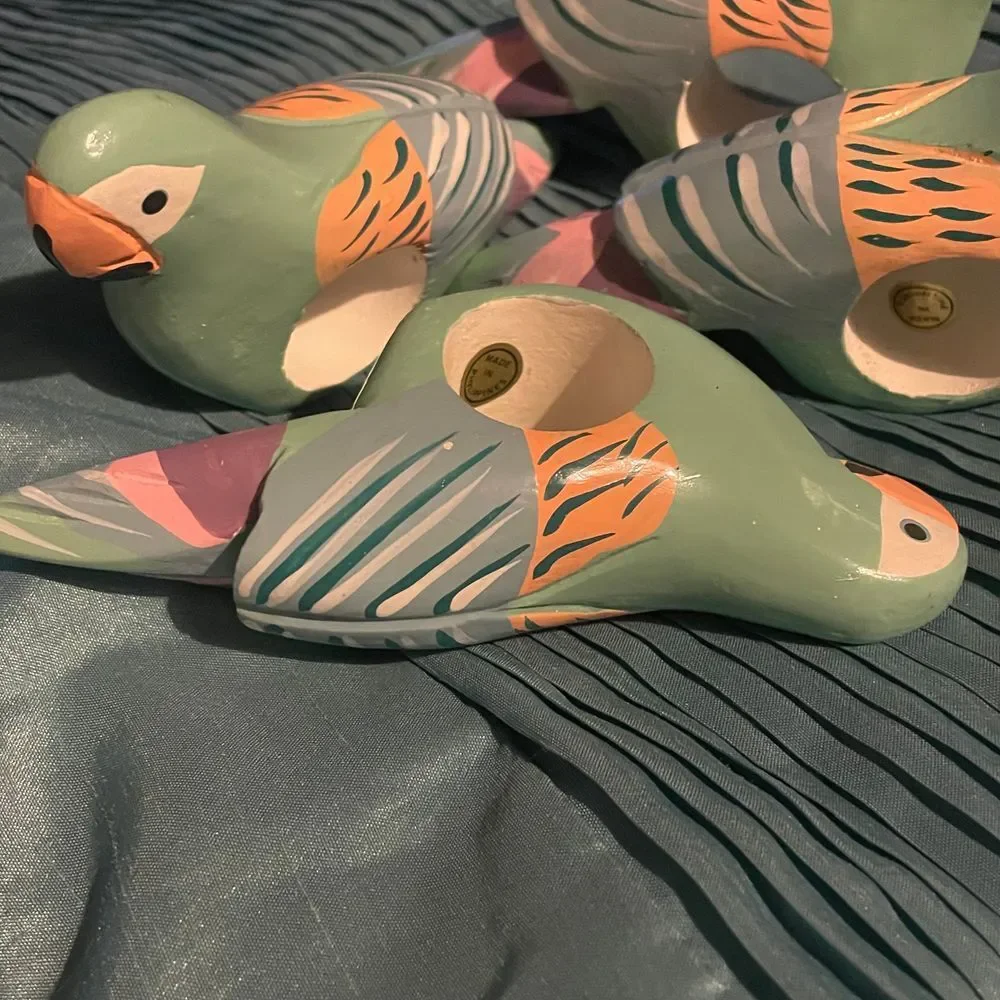 1980s Handpainted Wood Tropical Bird Parrot Napkin Rings Made in the Phillipines